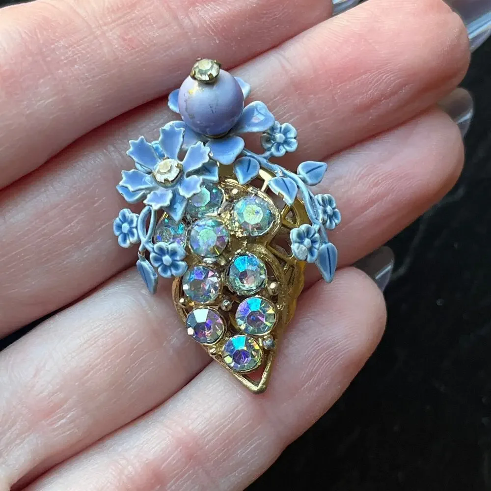 Vintage Gold Tone Floral Blueberry Bush Brooch Blue Flowers AB stones